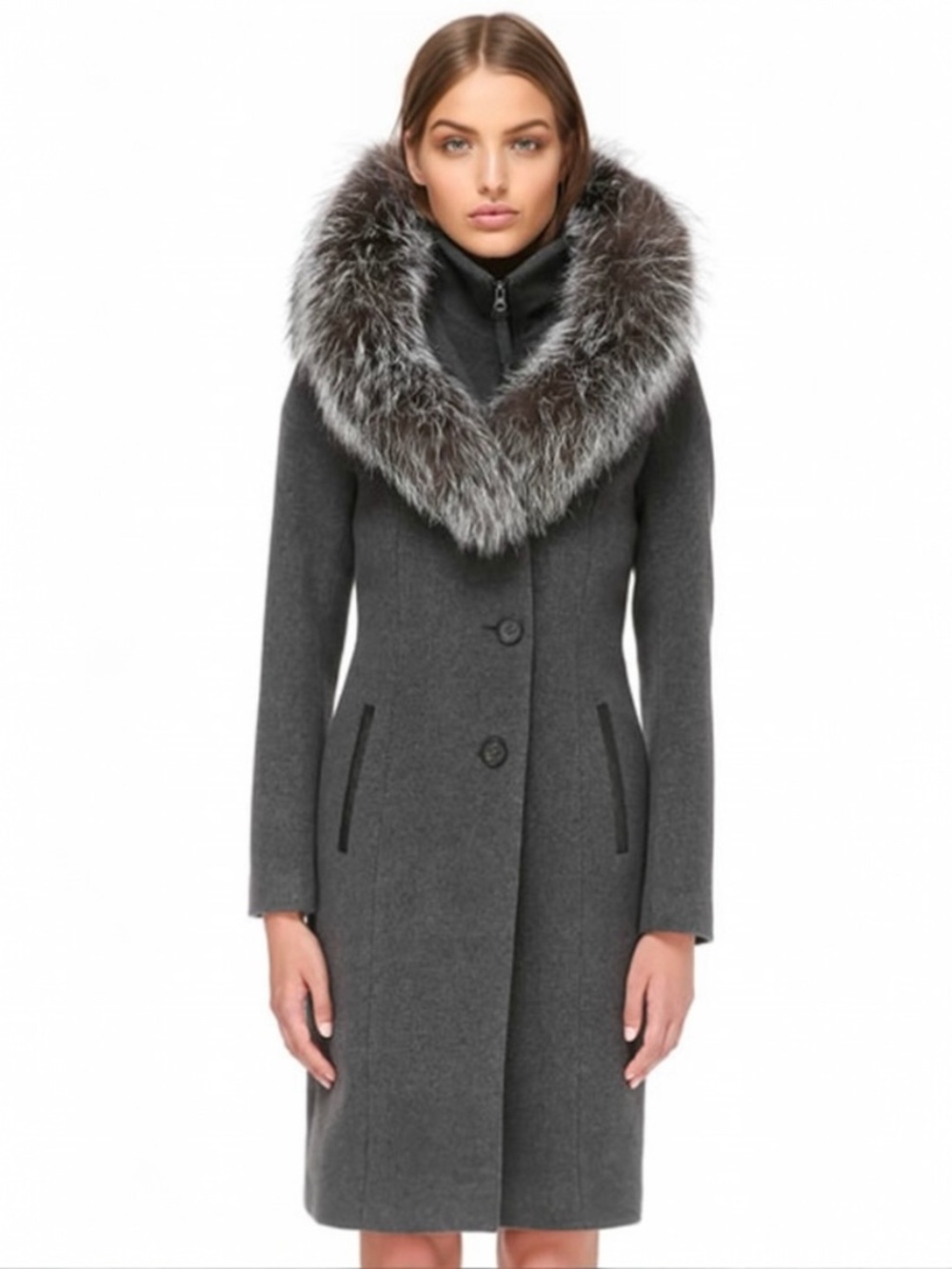 Mackage Gray Wool Coat with Fur-Trim Hood